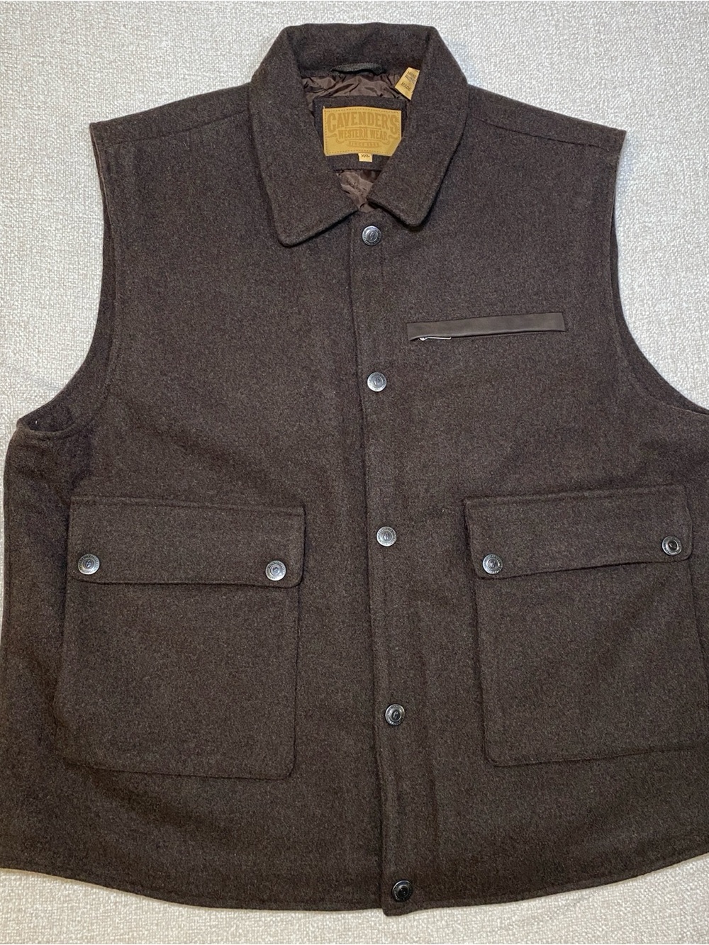 Cavenders Western Rancher Vest Mens 2XL Brown Wool Quilted Snap Pockets Outdoor